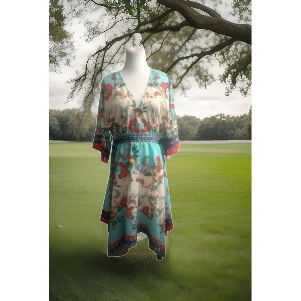 Umgee Boho Floral Scarf Kimono Sz S Handkerchief Dress Asymmetrical Length